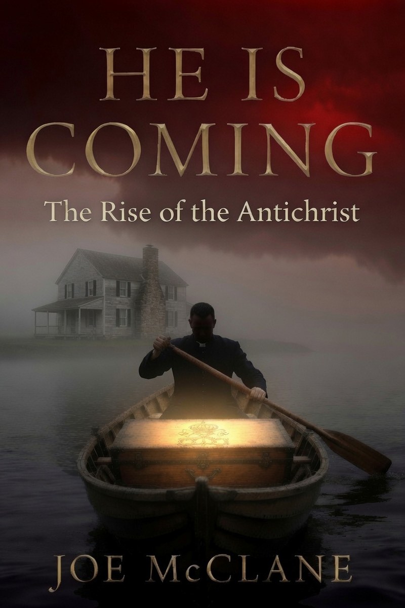 He Is Coming: The Rise of the Antichrist book cover — a priest rowing a boat through fog, by Joe McClane