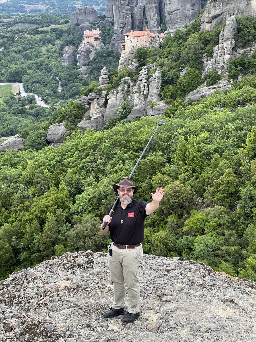 Joe McClane at the cliff-top monasteries of Meteora, Greece